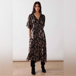 ba&sh Black Metallic Floral Wrap Midi Dress
